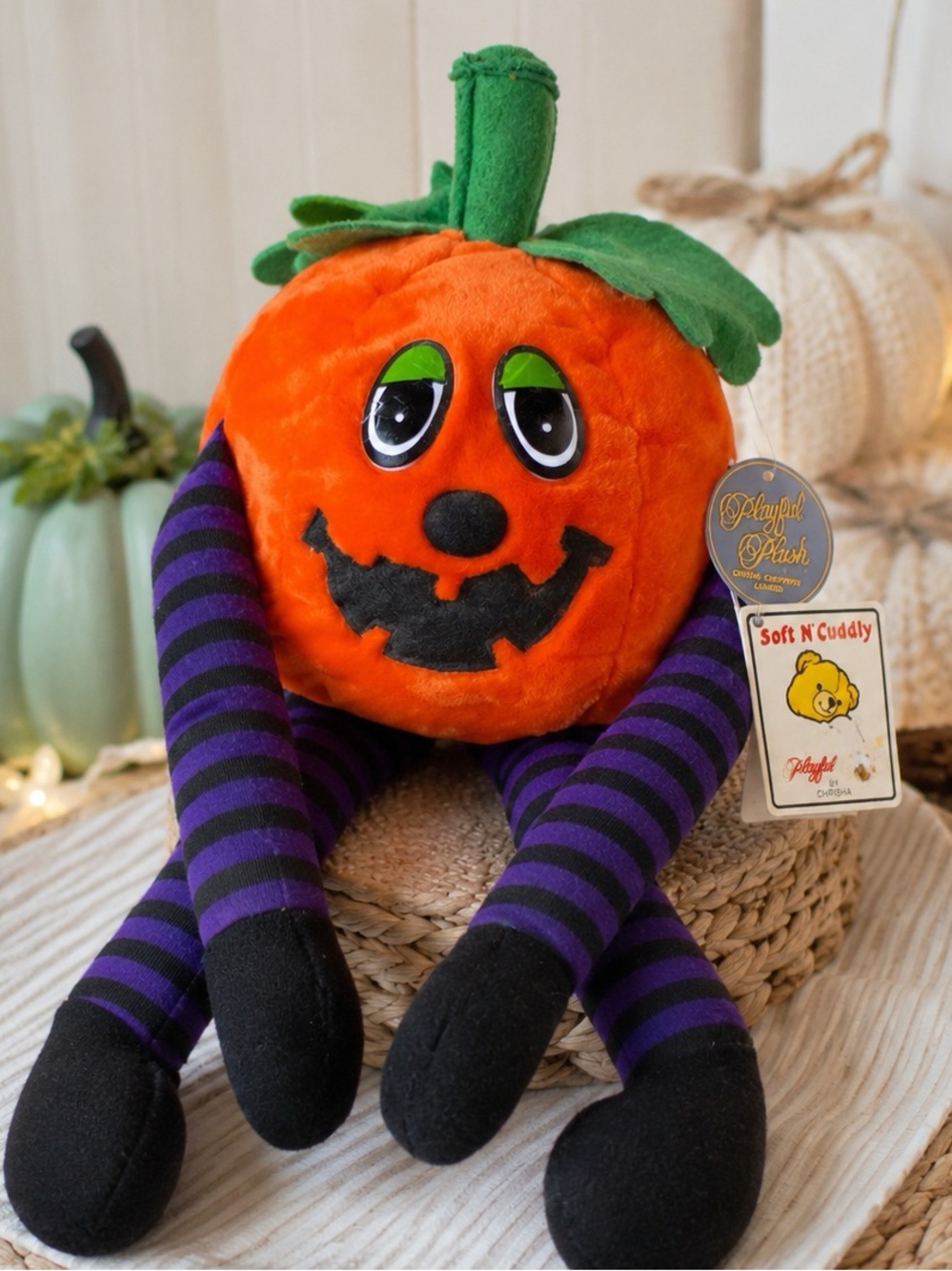 Playful Plush Pumpkin Plush with Purple Stripe Legs